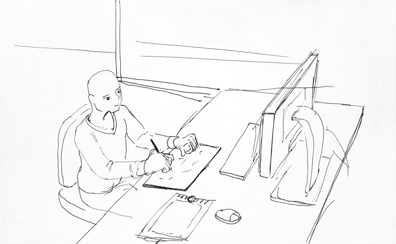 Sketch of rubble drawing at his desk.